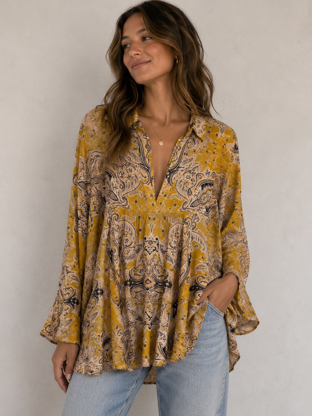Women Free People Field Of Dreams Paisley Boho Silky Tunic Blouse Small High Low